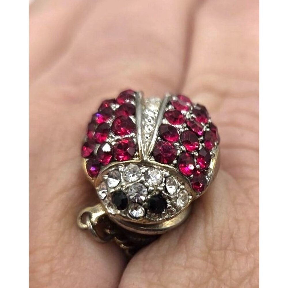 Vintage Ladybug Tie Tack Pin With Red & Clear Rhinestones Gold-Tone Metal Chain